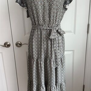 NWT Max Studio Womens Blue Ruffle Short Sleeve Pattern Midi Dress Ruffled Sz M